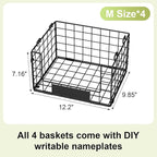 JKsmart Pantry Organizers and Storage, 4 Pack XL Stackable Wire Baskets with NamePlates, Metal Storage Bins for Snack Can Fruit Vegetable Spice
