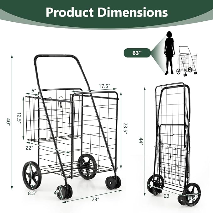 HOMGX Flat Folding Shopping Cart, 130 LBS Heavy Duty Utility Cart W/ 360° Swivel Front Wheels, 24" x 23" x 40" Foldable Grocery Cart for Laundry, Shopping, Groceries