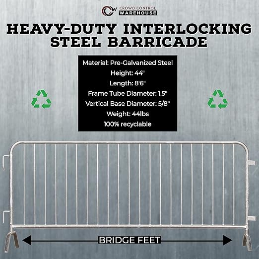 Angry Bull Barricades Metal Interlocking Steel Barricade (8.5 Ft. Heavy Duty, Bridge Feet, Grey Powder Coated, Set of 10)