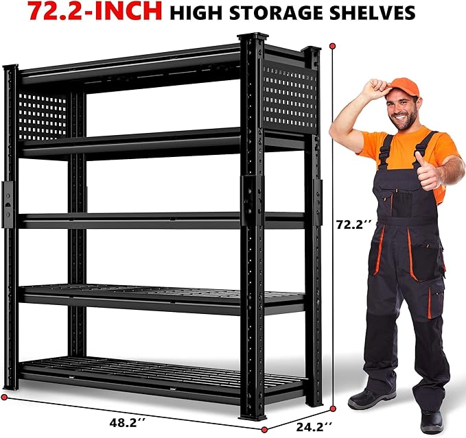 SILVEL 48.2" W Garage Shelving, 5000LBS Heavy Duty Metal Shelving, 2025 Grid Storage Shelves with 2 Side Pegboards, Industrial 5 Tier Shelves for Basement Pantry Warehouse Supermarket, 8 Pack