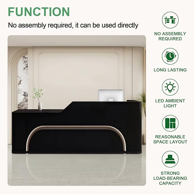 Modern Reception Desk with Counter Front Reception Table with Hidden LED Lighting Commercial Receptionist Desk Black Checkout Counter Fully Assembled and Ready to Use 71inch/180cm