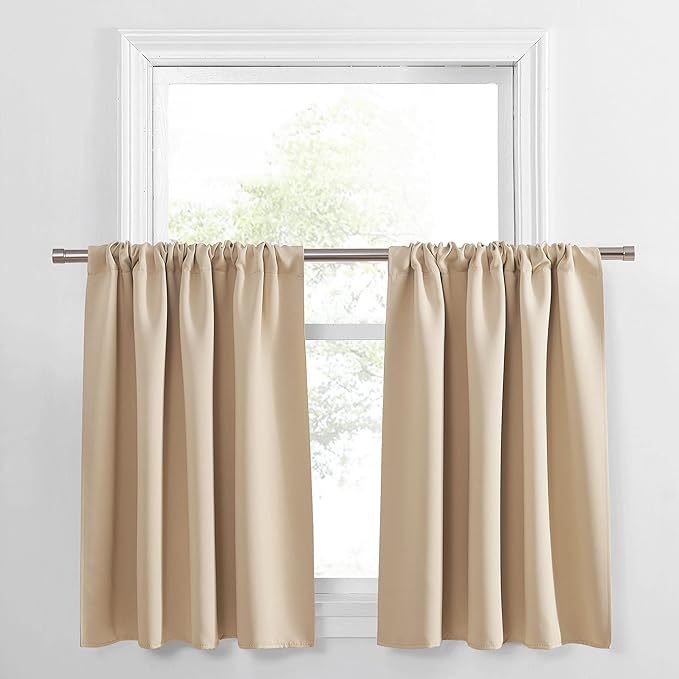 PONY DANCE Short Blackout Curtains, Half Window Curtains Tiers Solid Microfiber Valances Panels Thermal Insulated for Bathroom Window, 2 Panels, 34 Wide by 30 inch Long, Biscotti Beige