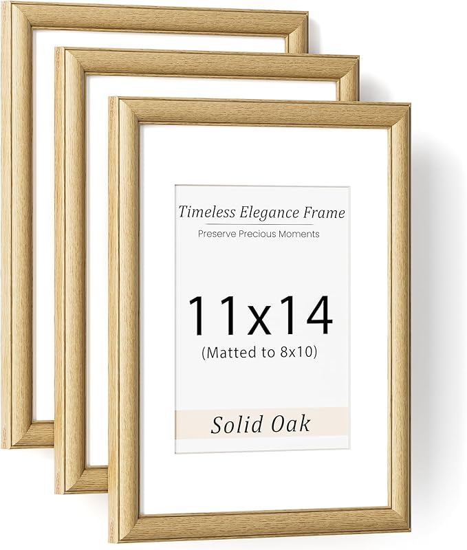 Natural Oak 11x14 Picture Frames Mat to 8x10 Picture Display Set of 3,Original Wood Handcrafted 11x14 Diploma Frame with Tempered Glass Graduation Family Wedding Certificate Photo Wall Mounted