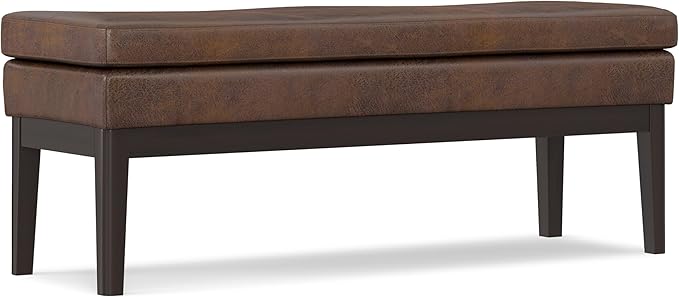 SIMPLIHOME Carlson Ottoman Bench - 45 inch Wide Upholstered Vegan Leather Rectangle Ottoman in Distressed Chestnut Brown, Mid Century Modern Bench for Bedroom or Living Room with Padded Seat