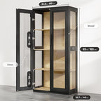 Curio Cabinet with Glass Doors, Bookcase with 4 Shelves, Display Cabinets for Collectibles, China Cabinet with 3 Color LED Lights and Human Body Sensing, Buffer Hinge, Black