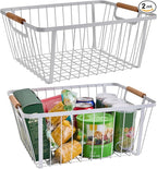 LeleCAT Wire Baskets with Wooden Handle ,Metal Wire Storage Baskets Country Vintage Style Storage Baskets.Storage bins for Kitchen,Bedroom,Bathroom,White,Set of 2