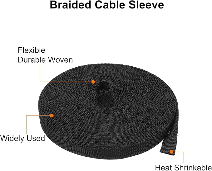 MECCANIXITY Braided Cable Sleeves Heat Shrinkable Fabric Sleeving, 1/4" 33ft Black 2:1 Ratio Heat Shrinkable Cord Protector for Harness Cable, Network Cable Protection, Cable Management