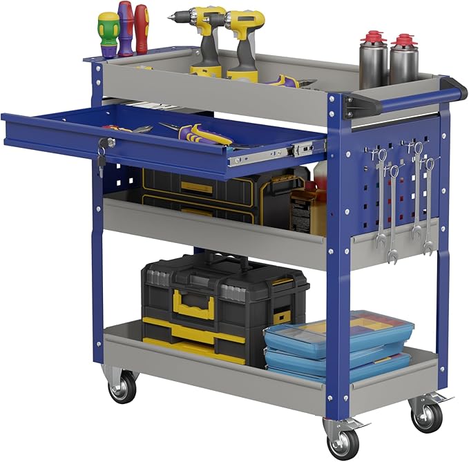 3 Tier Rolling Tool Cart, Heavy Duty Service Cart on Wheels for Mechanics,400 LBS Utility Cart with Drawers for Garage, Warehouse & Repair Shop (GrayBlue, Utility carts)