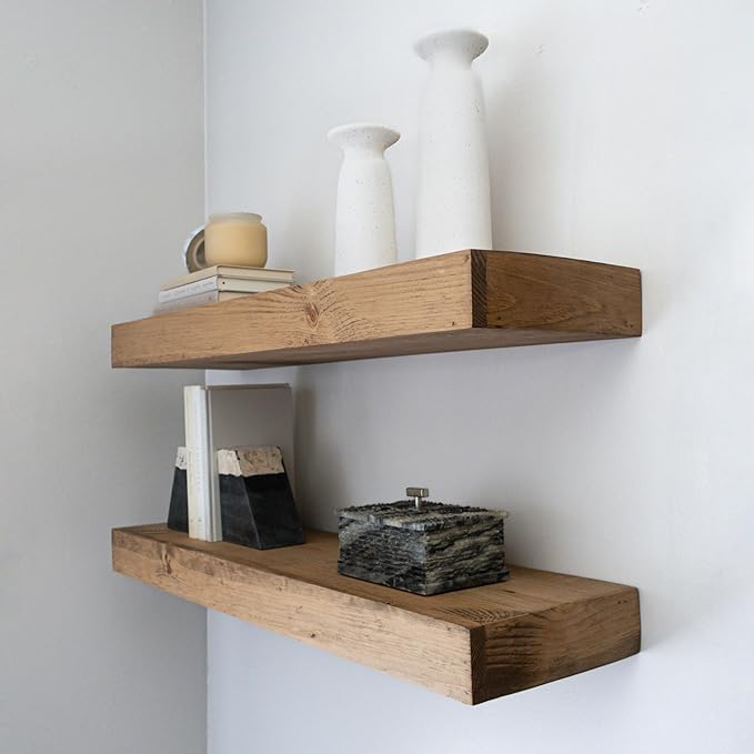 Urbandi Modern Floating Shelves 3 Inches Thick for Wall, Wide Shelves for Kitchen, Living Room, Bedroom, and Bathroom, Natural Pine Wood, Rustic Wooden Shelf, (Set of 2) (Aged Oak, 24Lx3Hx6D)