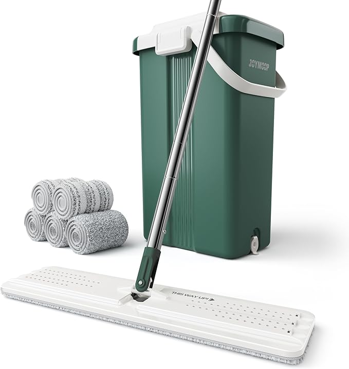 JOYMOOP Commercial Mop and Bucket Set, 17.7-inch Dust Mops for Floor Cleaning, Flat Mop Bucket with Wringer, Include 5 Reusable Microfiber Mop Pads - Forest Green