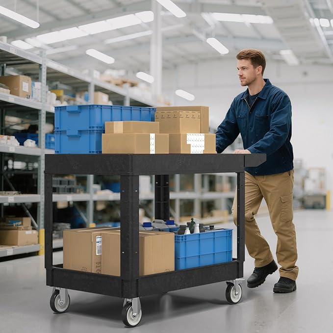 550LBS Utility Cart, Flat top 46x25 Inch Utility Cart with Wheels,Heavy Duty Service Cart-Lipped Shelves,Ergonomic Storage Handle and Swivel Wheels for Warehouse, Garage, Cleaning,Black