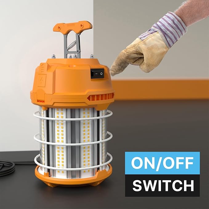 HYPERLITE LED Temporary Work Light 60W 7500LM 200W HID/HPS 5000K, Portable Hanging Construction Light with Stainless Steel Safety Guard and Sturdy Hook for Job Site, Workshop(with an ON/Off Switch)