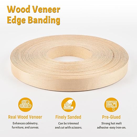 Birch Veneer Edge Banding, 3/4 Inch x 100Ft Pre-Glued Flexible Plywood Edge Banding Tape Real Wood Iron on Veneer Edging Tape with Hot Melt Adhesive Wood Trim for Furniture Panels Restoration