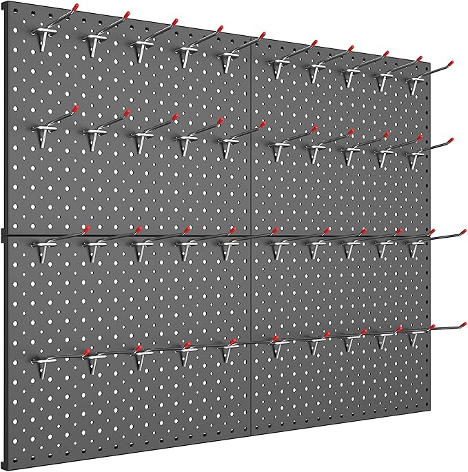 TORACK Metal Pegboard Panels and Hooks for Garage, Workbench, Shop, Shed Tool Organizer Peg Board with 1/8" & 1/4" Holes, Modular Wall-Mounted Pegboard with Pegboard Hooks(Black)