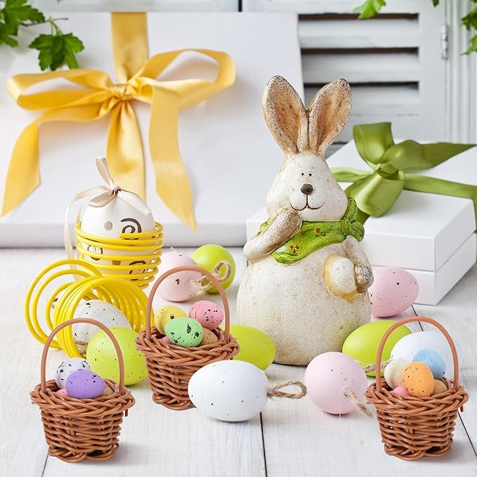 12 Pack Easter Mini Woven Handbasket with 50 Pcs Eggs,Tiny Decorative Picnic Baskets with Handle, Easter Miniature Basket Set for Home Office Decor Wedding Birthday Party Favors