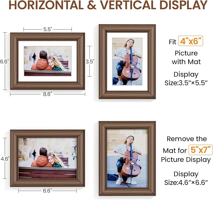 Natural Walnut 5x7 Picture Frames Mat to 4x6 Picture Display,Original Wood Handcrafted Photo Frame,Wooden Frame 5x7 with Tempered Glass Graduation Family Wedding Pictures Tabletop & Wall Decor
