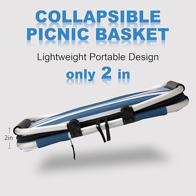 SIYUAN Picnic Basket with Handles 30L Large Stripped Insulated Cooler Leakproof Grocery Shopping Market Tote for Family Blue White