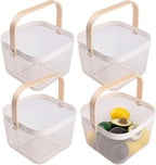 IBWell Square Metal Wire Woven Fruit Storage Bowl Basket with Wooden Handle, Large Black Mesh Fruit Stand, Multi-function Hanging Kitchen Baskets (White, Normal 4PCS)