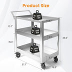 3-Tier Gauge Stainless Steel Multi-Functional cart, 1100-pound Heavy-Duty Wheeled Service cart, Wheeled Rolling Tool cart, Suitable for Mechanics, garages, workshops, Warehouses