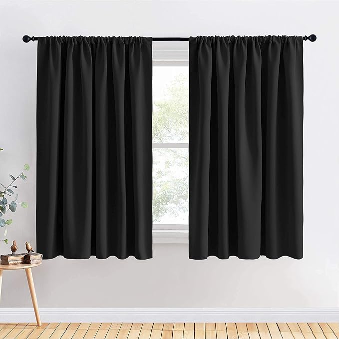 PONY DANCE Bedroom Curtains 63 inch Length - Black Out Curtains and Drapes Thermal Insulated Light Block Rod Pocket for Bedroom, 70" Width per Panel, Black, Set of 2