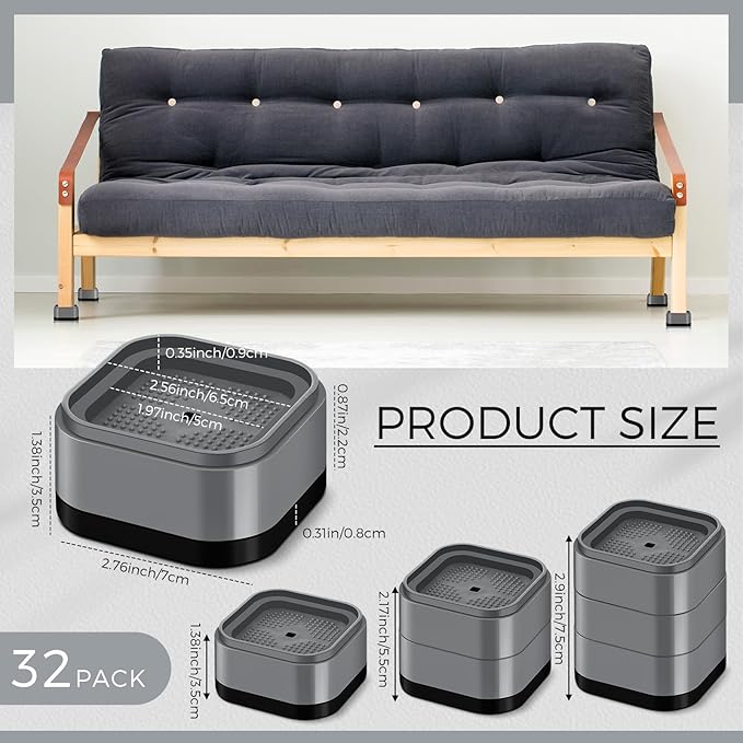 Ecally Furniture Risers Adjustable Bed Risers Desk Leg Risers 1.38" Stackable Heavy Duty Bed Lifts Risers Square Bed Raising Blocks for Mattress Table Leg Desk Chair Couch Sofa Dorm (Gray,32 Pack)