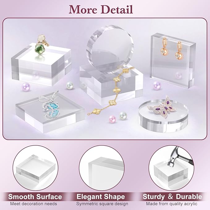 Acrylic Base Stand 4 Pieces Acrylic Blocks for Display 4 X 4 X 1 Inch Clear Polished Block Square Cube Riser Display Pedestal Stands for Jewelry Perfume Ring Collection Props Cake