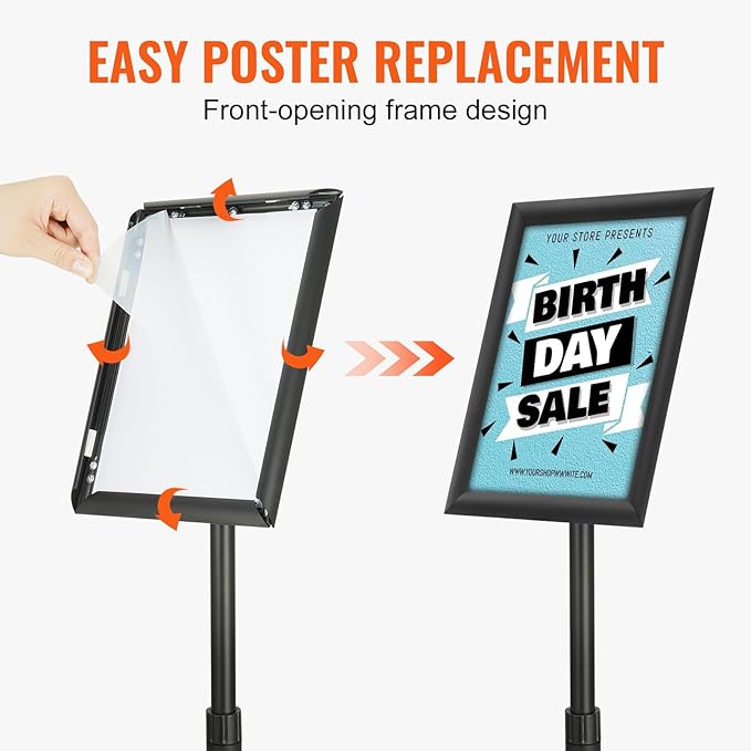 VEVOR Pedestal Sign Holder, 8.5 x 11 Inch Vertical and Horizontal Adjustable Poster Stand, Heavy-Duty Floor Standing Sign Holder with Round Base for Display, Advertisement, and Outdoor, Black