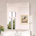 Keonjinn 32 x 36 Inch Brushed Nickel Bathroom Mirrors for Over Sink, Rounded Rectangle Silver Bathroom Vanity Mirror, Farmhouse Mirror for Wall, HD Tempered Glass, Anti-Rust Aluminum Alloy Mirror