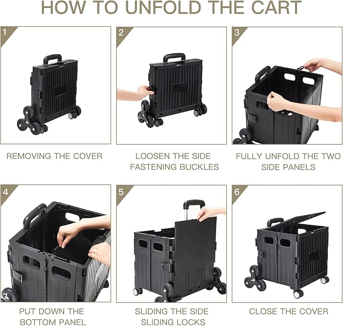 Foldable Utility Cart ，Folding Shopping carts，Collapsible cart with Stair Climbing Wheels, 8 Wheel Shopping cart，Collapsible Rolling Crate with Telescoping Handle (Black, 14.96 * 14.96 * 31.3)