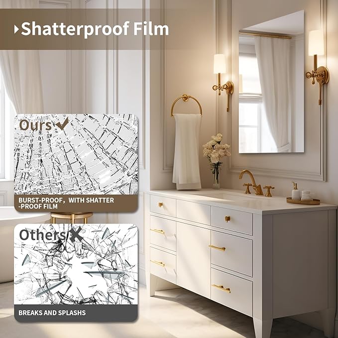 Mirrorons Bathroom Vanity Mirror 28" x 36", Frameless Mirror with Polished Edge, Hangs Horizontally or Vertically. Upgraded Shatterproof Bathroom Mirror for Wall.