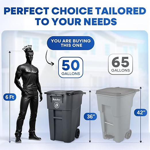 50 Gallon Trash Can, Gray Outdoor Garbage Can, Large Outside Trash Bin, Rolling Commercial Container, Outdoor Trash Can with Lid and Wheels for Back of House, Office, Warehouse, Garage