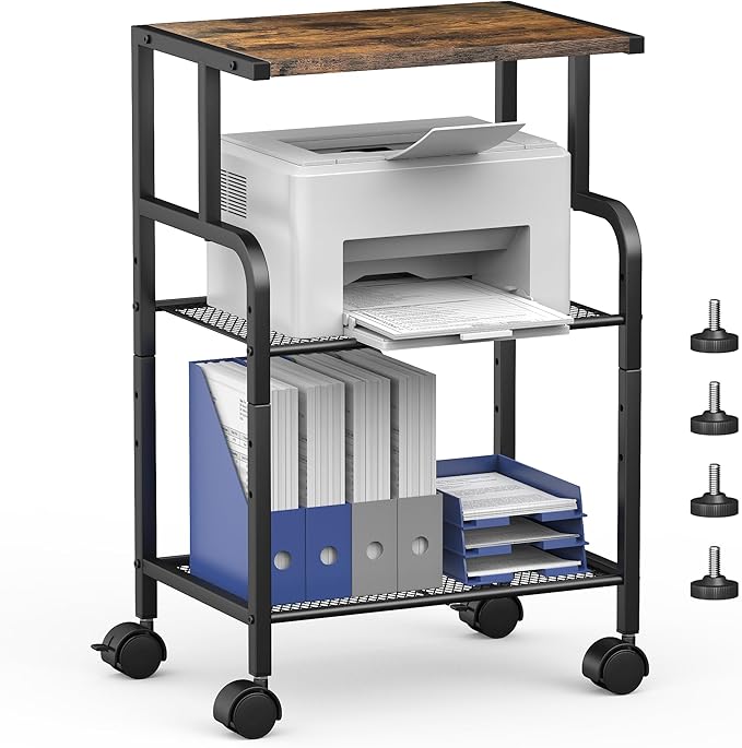 Printer Cart with Wheels,Small Printer Stand with Storage, Printer Table for Home Office, 3 Tier Cart with Adjustable Shelf, Supports Up to 80 Lbs for Home Office, Kitchen, Living Room