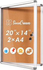 SWANCROWN Enclosed Bulletin Board,Lockable Cork Noticeboard for School Office,Wall Display Case with Lock 20"x14"(2xA4)