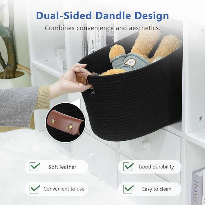 Cotton Rope Basket, Storage Baskets with Handle, 15x10x9 Inch Woven Basket for Shelves, Laundry, Towels, Clothes, Books (Black 2Pack)