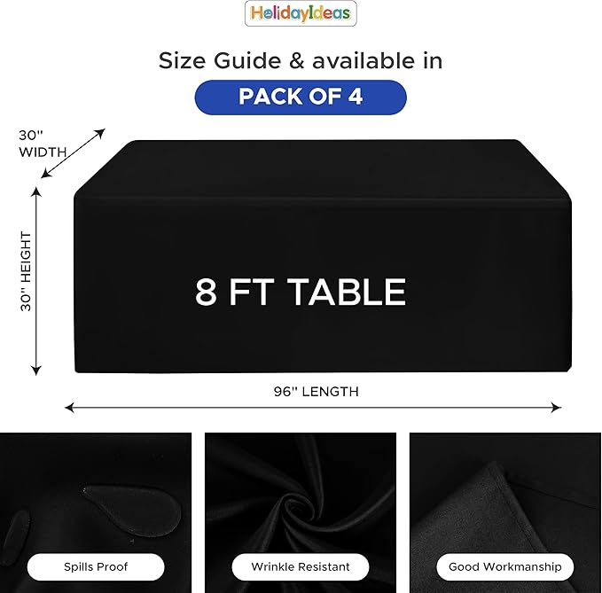 HolidayIdeas Fitted Black Rectangle Table Covers for 8 Foot Tables, Wrinkle Resistant Washable Tablecloths 96x30 Inch for Vendor Booth Display, Banquet, Trade Show, 4 Pcs