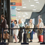 OangeStar 4-Pack Commercial Crowd Control Stanchions with 10ft Retractable Belt - Heavy Duty Queue Barriers for Events, Black Rubber Base Post for High Traffic Areas, Banks & Retail Stores
