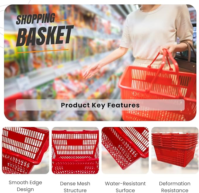 Stackable Plastic Shopping Baskets, Red and Blue, Easy-Grip Handles for Grocery, Retail, Liquor Stores, Home Use (2-pack, Red & Blue Assorted)