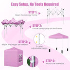 Tangkula 6.5x6.5 FT Pop Up Canopy, UPF50+ Outdoor Canopy Tent with 2 Removable Sidewalls, 2 Zippered Doors, Heavy-Duty Carbon Steel Frame, Wheeled Bag, 4 Sandbags, 8 Stakes, 4 Wind Ropes (Pink)