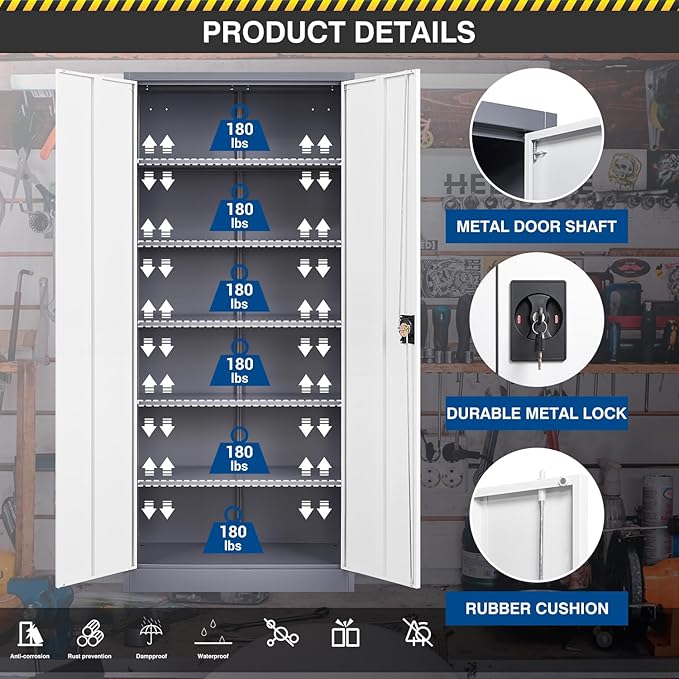 Metal Storage Cabinet-72” Tall Steel File Cabinets with Lockable Doors and Adjustable Shelves-White&Gray Steel Storage Cabinet for Home Kitchen, Office, Garage