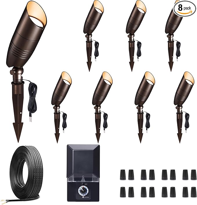Outdoor Landscape Lighting Kit, with 8 Pack Spotlights and 100W Transformer and 100FT Cable and 30 Wire Connectors, 3CCT Aluminum ORB LED Spotlight for Porch Backyard Fence