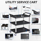 Utility Cart with Tangle-Free Wheels, 3 Tier Rolling Cart with Wheels(2 with Brakes), Heavy Duty 350 Lbs Capacity,Commercial Serving Cart for Home, Office, Restaurant, Warehouse.