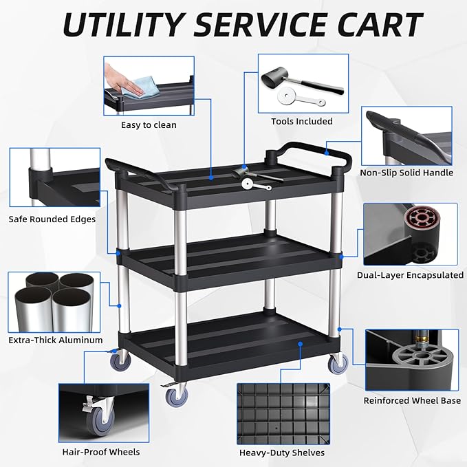 Utility Cart with Tangle-Free Wheels, 3 Tier Rolling Cart with Wheels(2 with Brakes), Heavy Duty 350 Lbs Capacity,Commercial Serving Cart for Home, Office, Restaurant, Warehouse.