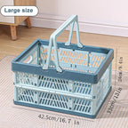 Collapsible Storage Crate with Handles, Milk Crates，33L Foldable Plastic Shopping Basket, Organizer Container for Car Home Pinic (Light blue, Large)