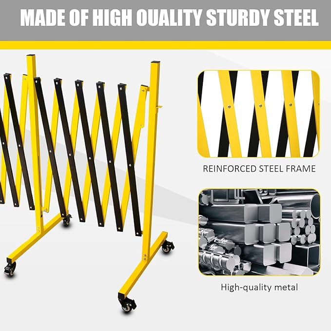 Metal Expandable Barricade, 11 Feet Retractable Fence Outdoor, Mobile Safety Barrier Gate, Easily Assembled Expanding Gate with Casters, Collapsible Accordion Barricade Gate Outdoor (11 FT)