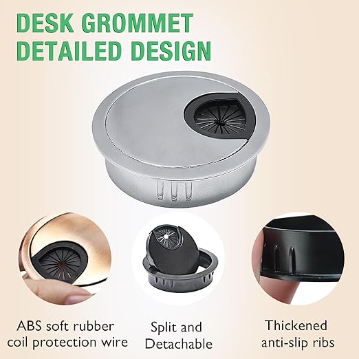 2 Pcs Desk Grommet 2" / 50 mm, Desk Cord Hole Cover, Cable Grommet Metal Zinc Alloy Materilal, Desk Hole Grommet for Home & Office Pc, Detachable Cable Cord Organizer-Matte Silver