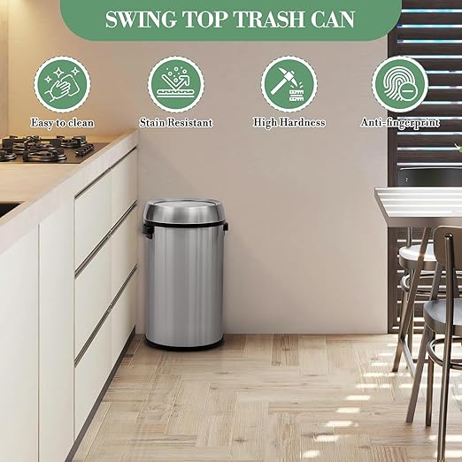 17 Gallon/65L Trash Can, Heavy Duty Stainless Steel Swing Top Trash Can, Fingerprint-Proof Round Kitchen Trash Bin with Swing Lid, Commercial Garbage Can for Restaurant, Home, Office(Silver)