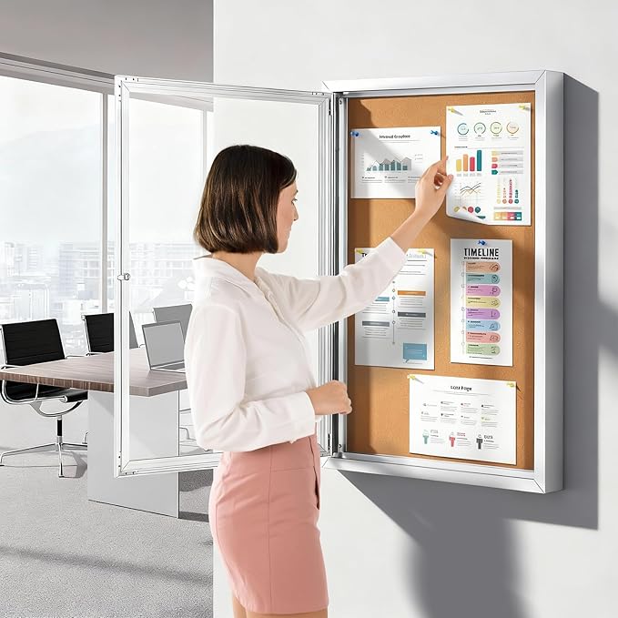Outdoor Bulletin Board Weatherproof 36x24 in, Enclosed Bulletin Board with Locking Door, Wall Display Case for Office School Home Commercial, Silver Aluminum Frame, Cork