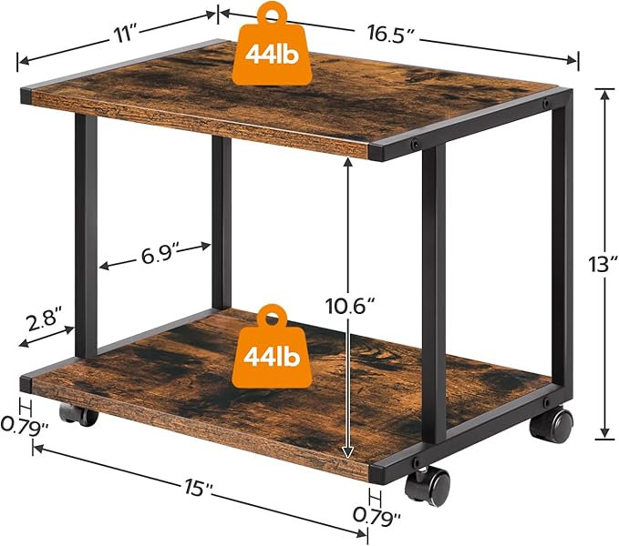 HOOBRO Under Desk Printer Stand, 2-Tier Industrial Printer Cart with Storage Shelf, Mobile Machine Holder Table Stand, for Home and Office, Rustic Brown and Black BF42PS01