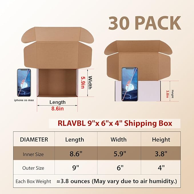 RLAVBL 30 Pack 9x6x4 Shipping Boxes, White Corrugated Cardboard Mailer Box for Packing Mailing Small Business