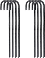 FEED GARDEN 16 Inch 8 Pack Rebar Stakes Heavy Duty J Hook, Galvanized Steel Ground Stakes Tent Stakes Ground Anchors, Chain Link Fence Stakes, Trampoline Stakes, Black